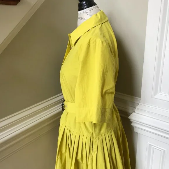 CO Half Placket Belted Shirt Dress Womens Medium Citron Yellow Short Sleeve Midi